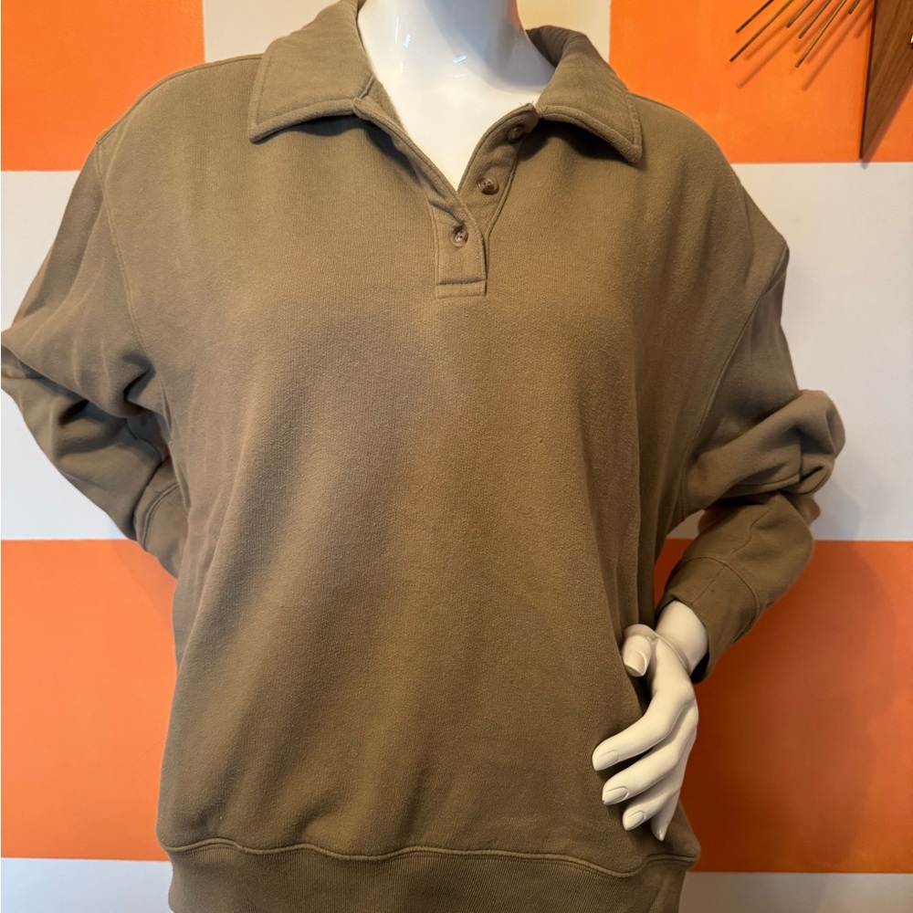 Tan/Green fleece button collared PINK sweatshirt